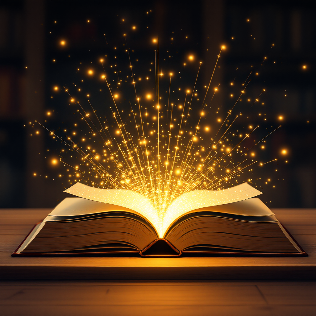 Open book with AI-generated text flowing as light particles representing the publishing industry authorship debate