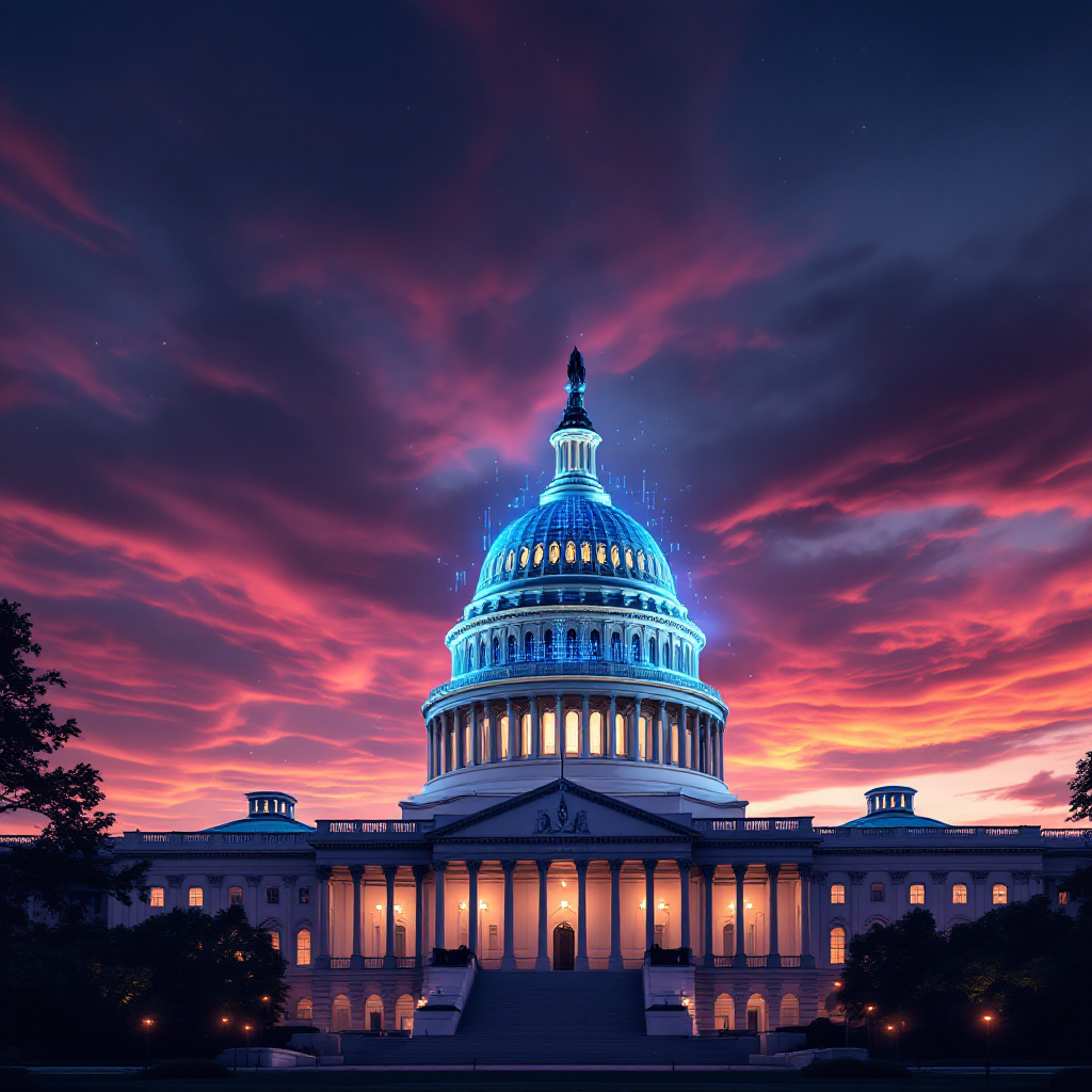 Capitol building with digital AI overlay representing the intersection of technology and politics