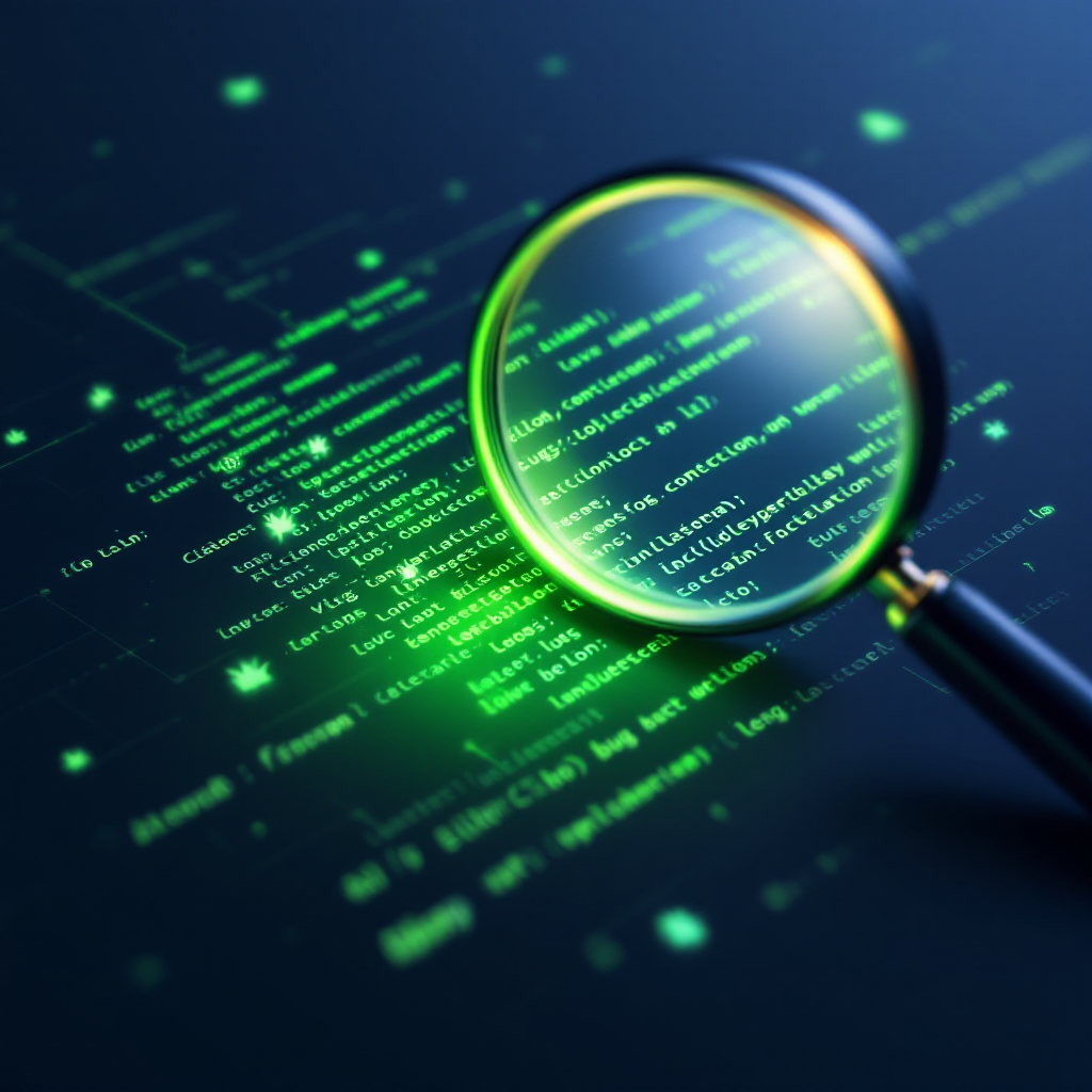 Digital security concept with magnifying glass over code and highlighted bug icons representing cybersecurity research