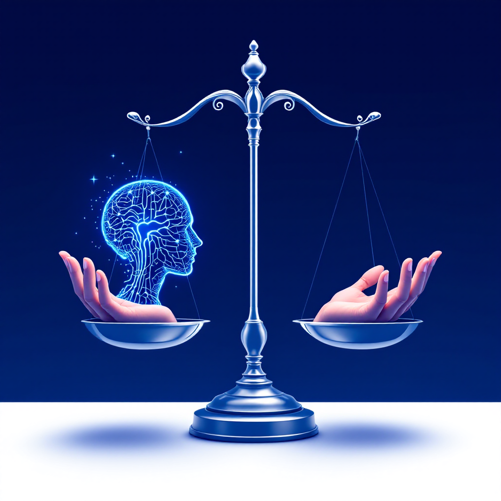 Abstract ethical balance concept with AI brain and human hand representing the moral dilemmas of AI in everyday tools