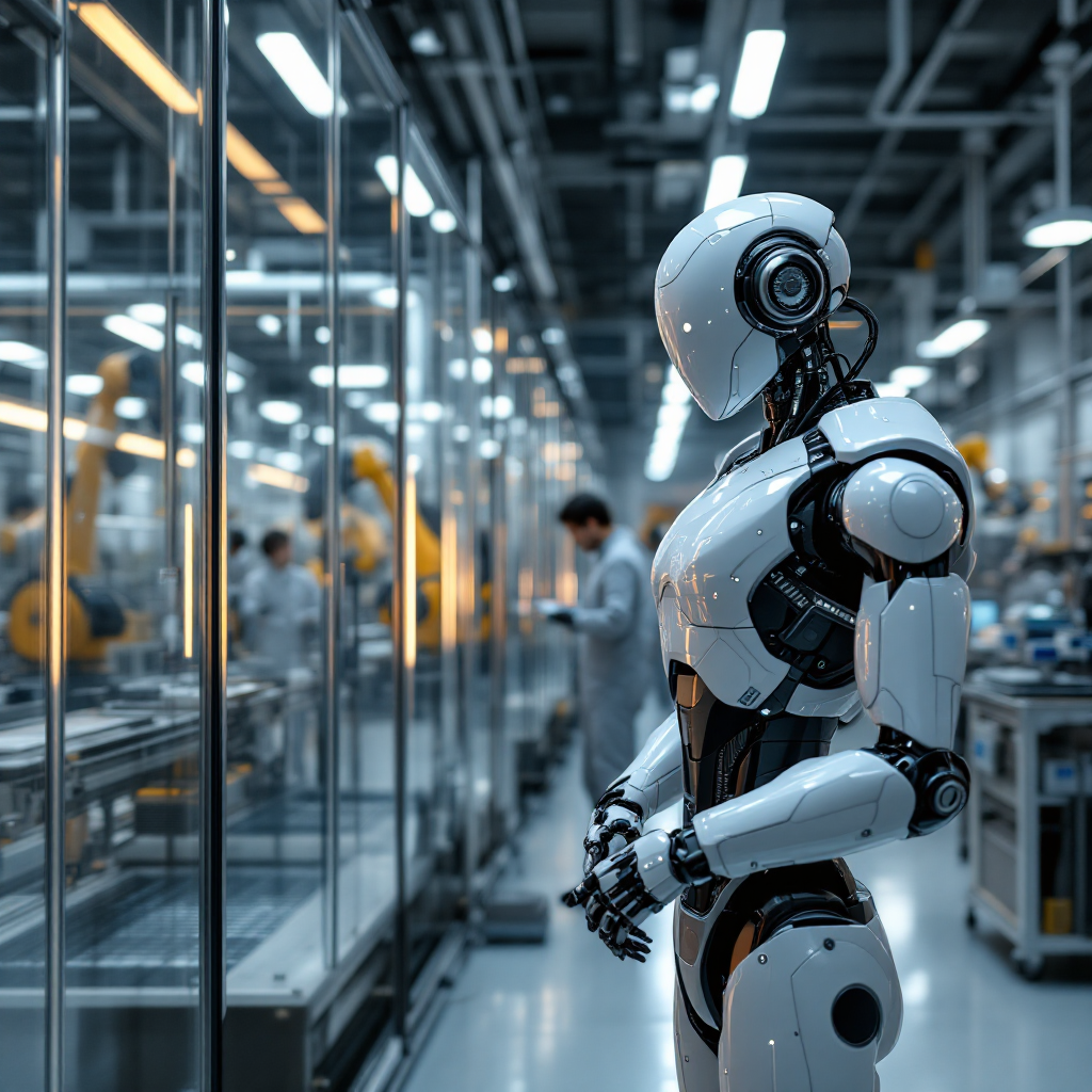 Humanoid robot working alongside humans in modern Japanese factory representing automation and labor solutions