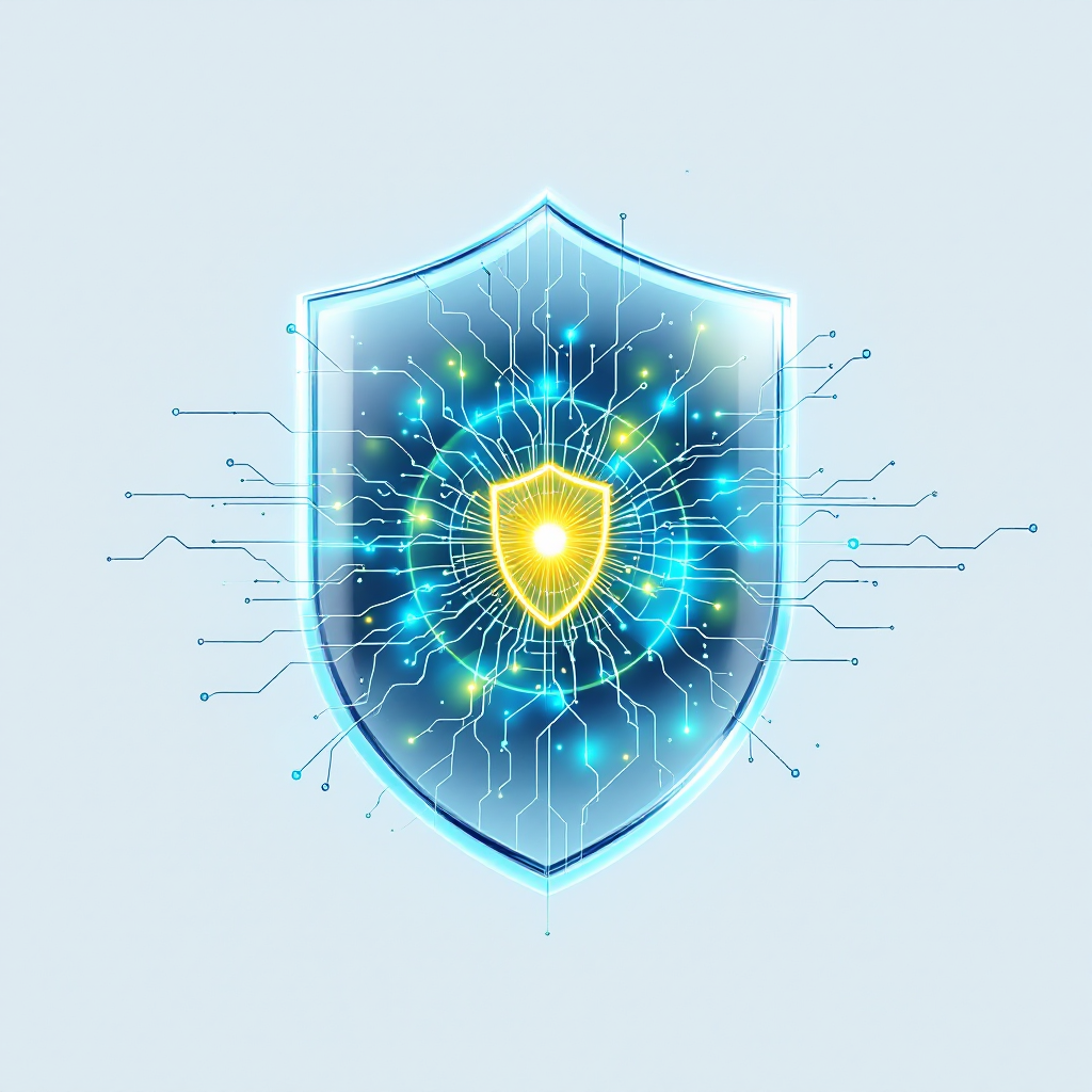 Abstract AI safety concept with glowing neural network and protective shield overlay in blue and green tones