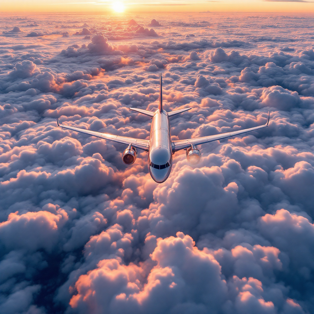 Commercial aircraft in flight above clouds during golden hour representing airline fuel cost challenges