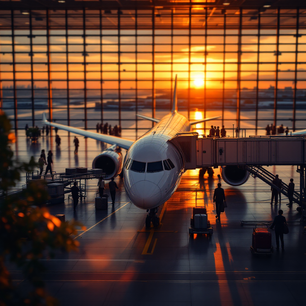 Commercial airplane at airport gate with luggage on conveyor belt during sunset representing airline travel costs
