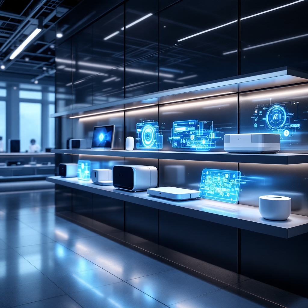 Futuristic consumer electronics display with sleek AI-powered devices and holographic interface elements