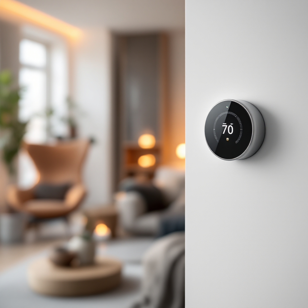 Smart thermostat mounted on modern wall with warm ambient lighting representing energy efficiency technology