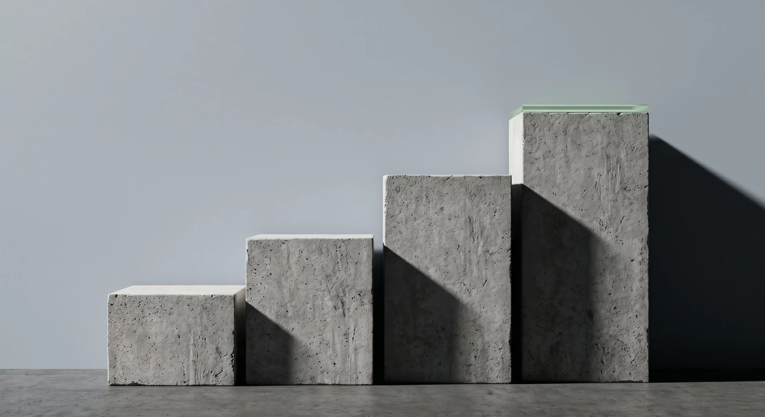 Four Tiers — Architectural Concrete Composition Four ascending architectural concrete blocks against pale steel background, tallest with sage-green light band along top edge