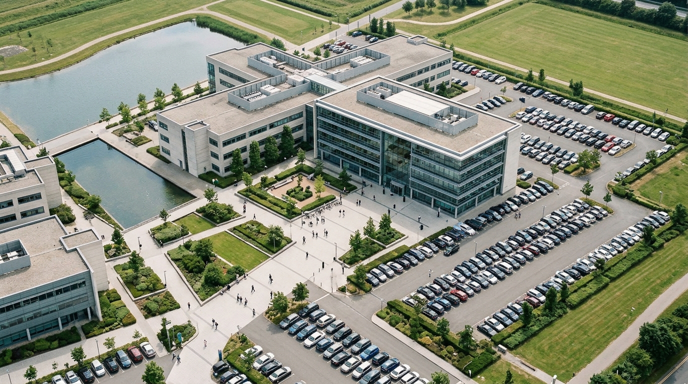 Aerial view bustling corporate campus multiple office buildings. Illustration for the article "Managed Operations: A Strategic Business Choice".