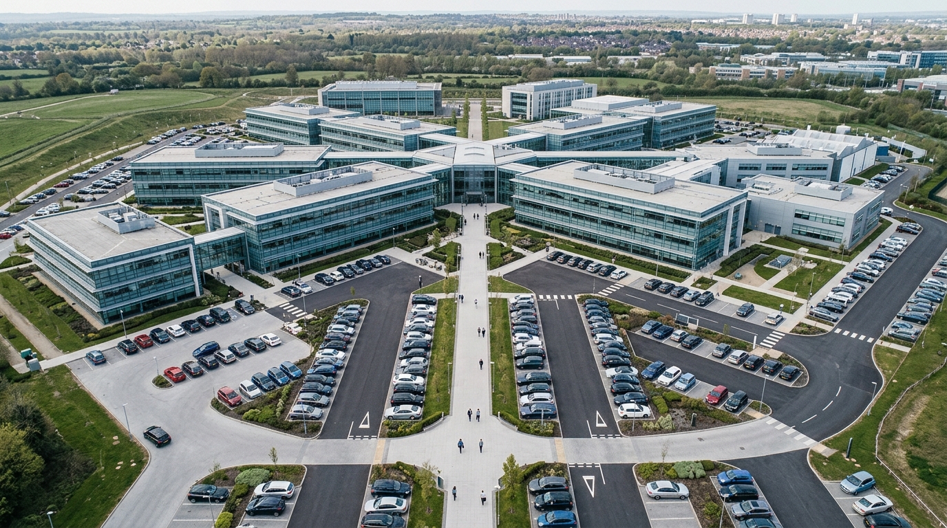 Aerial view modern corporate campus multiple buildings parking. Illustration for the article "Business Continuity Strategies for Modern Enterprises".