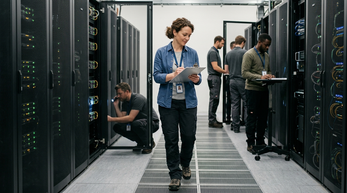 Business continuity manager data center walks between server. Illustration for the article "Business Continuity Planning for Organizations".