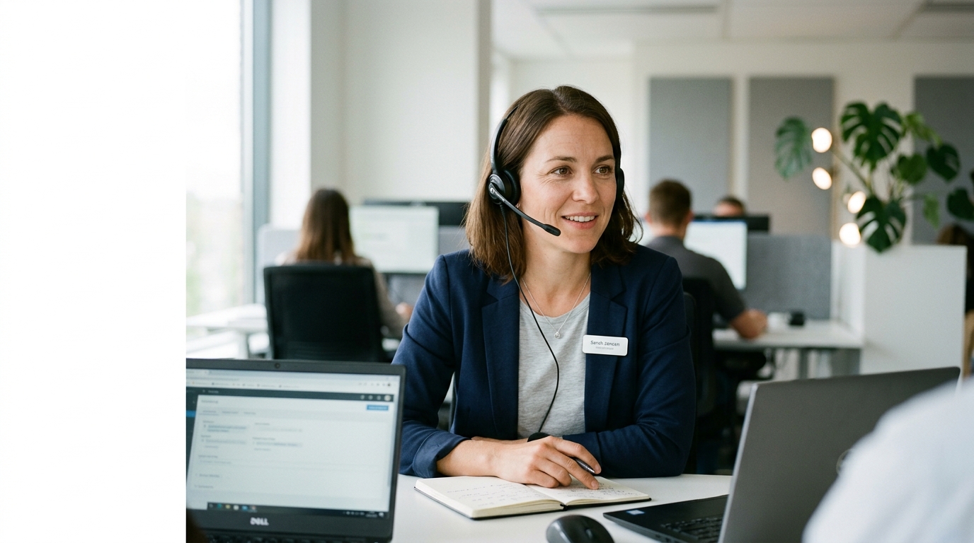 Customer service representative mid conversation genuine focus listens. Illustration for the article "Optimizing Customer Communication with Technology".