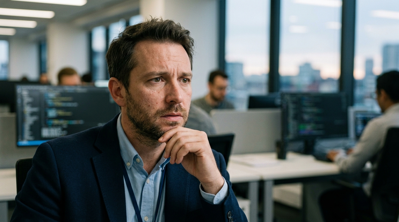 Cybersecurity researcher business attire head shoulders framing gazes. Illustration for the article "Windows Defender Vulnerability Exposes Automation Risks".