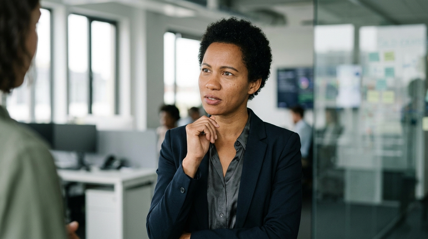 Digital policy strategist business attire mid conversation thoughtful. Illustration for the article "Google’s Policy Shift and Business Continuity Impact".