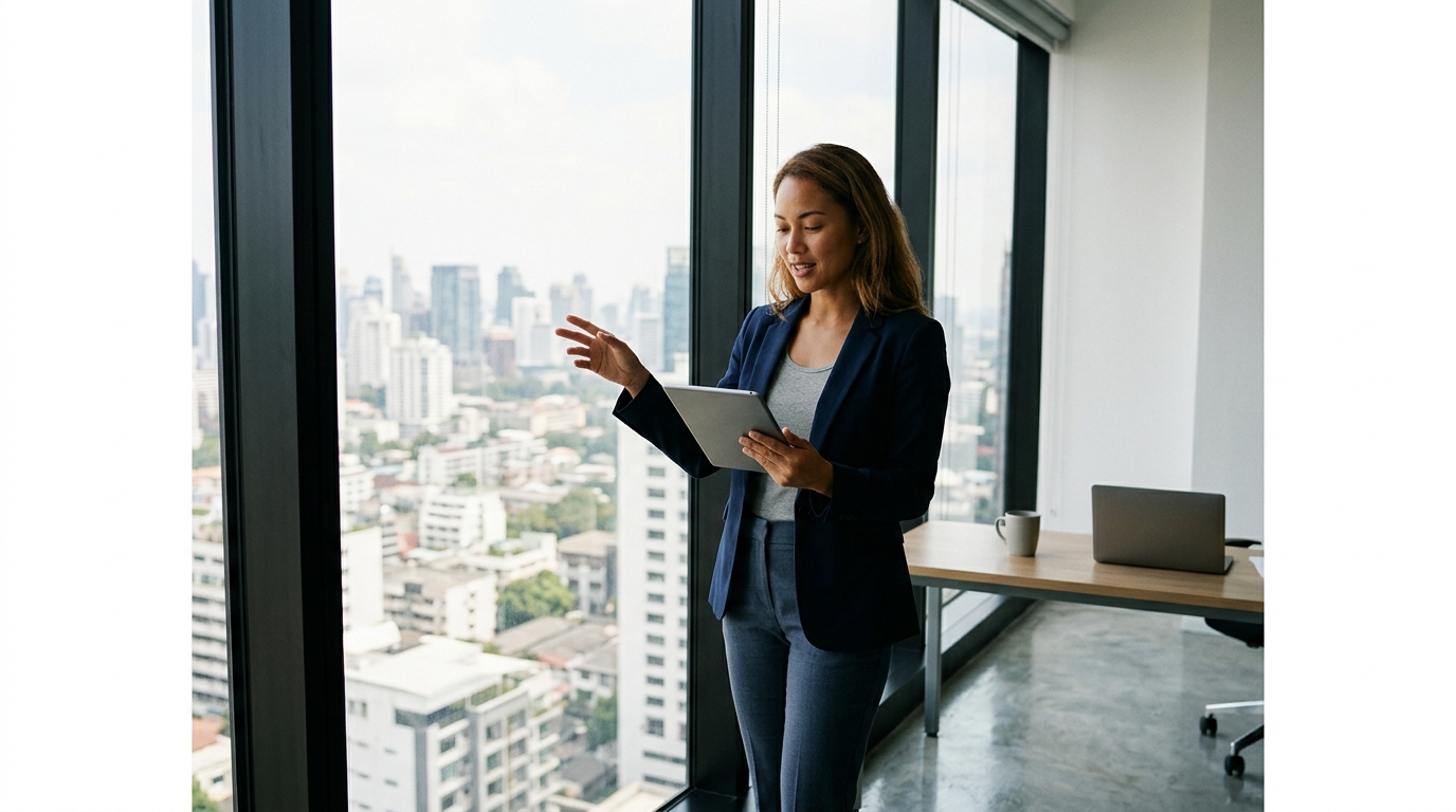 Digital strategist stands modern office overlooking city skyline. Illustration for the article "Search and AI Visibility Explained".