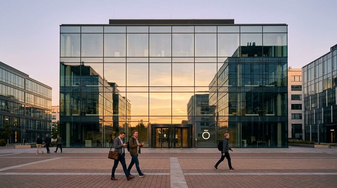 Gleaming glass facade ouras headquarters golden hour reflecting. Illustration for the article "Oura’s Upcoming IPO and AI Innovations".