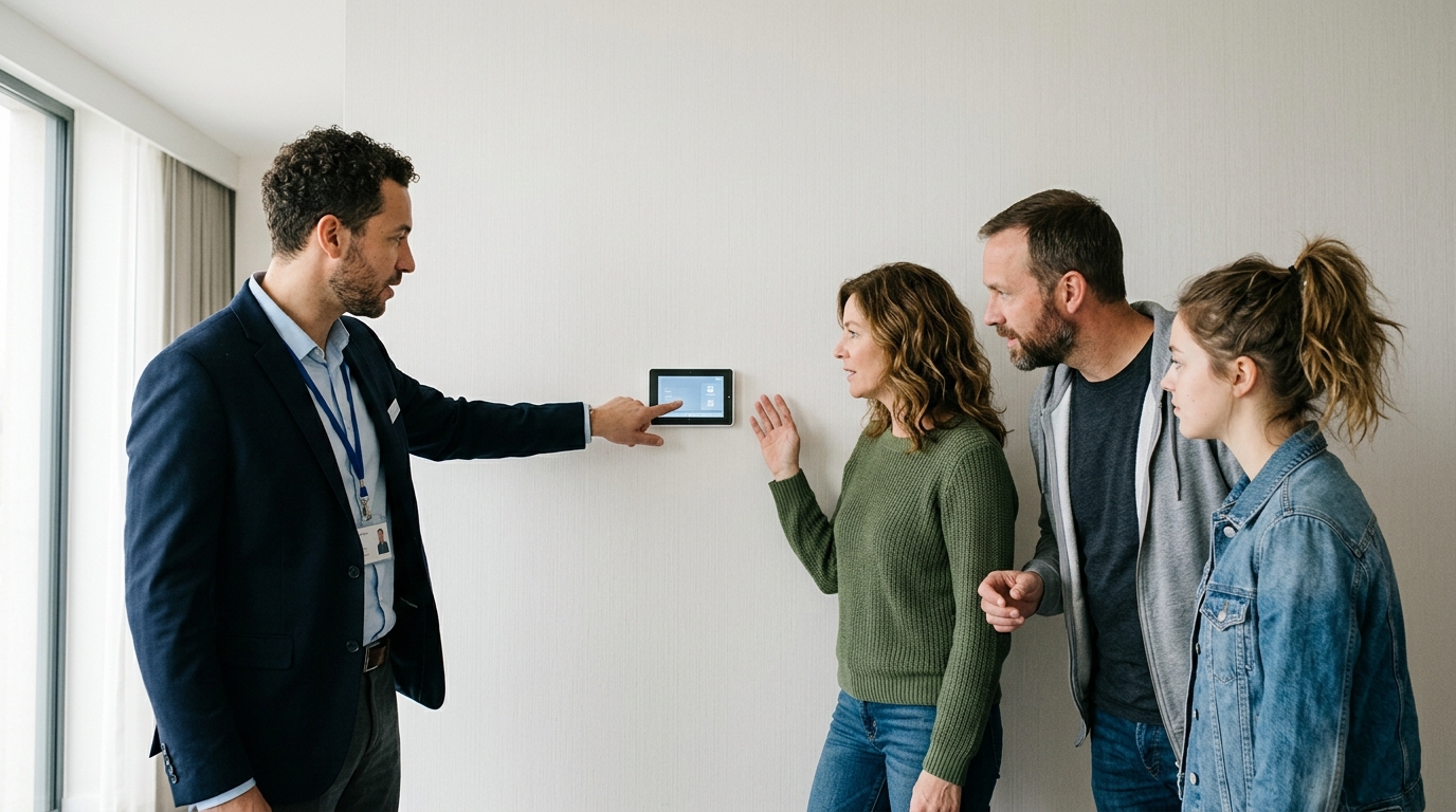 Hotel concierge three guests examine smart room control. Illustration for the article "Hospitality Technology: Smart Rooms and AI Service".
