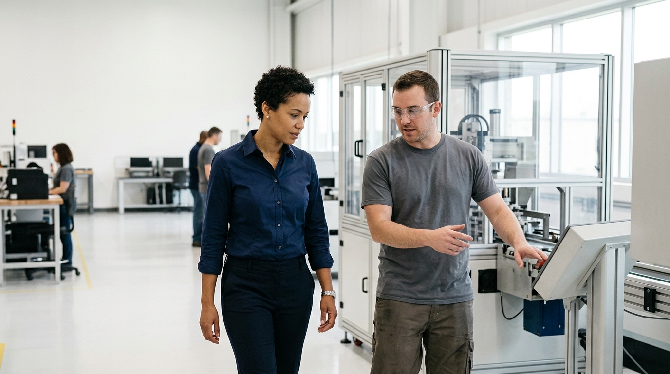 Operations manager walks through modern manufacturing facility floor. Illustration for the article "Managed Operations: Streamlining Business Functions".