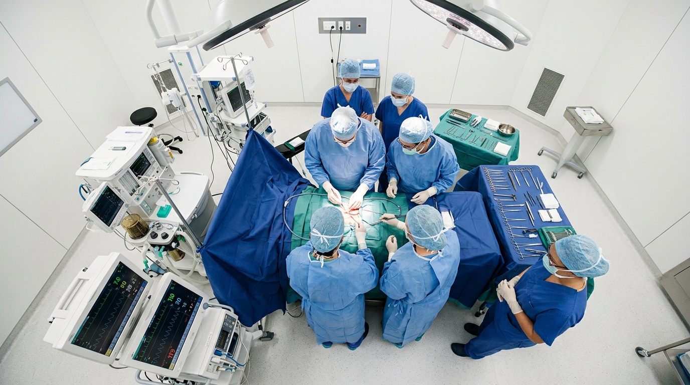 Overhead view hospital operating theater during surgery surgical. Illustration for the article "Automation Accountability in the Digital Age".