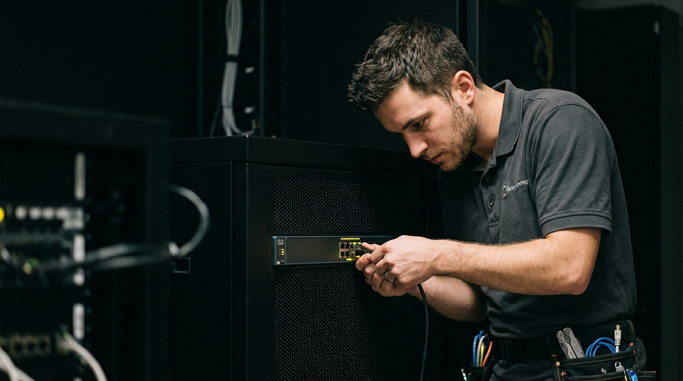 Security operations centers wall server racks network equipment. Illustration for the article "Nucleus Security’s AI Solutions for Vulnerability Management".