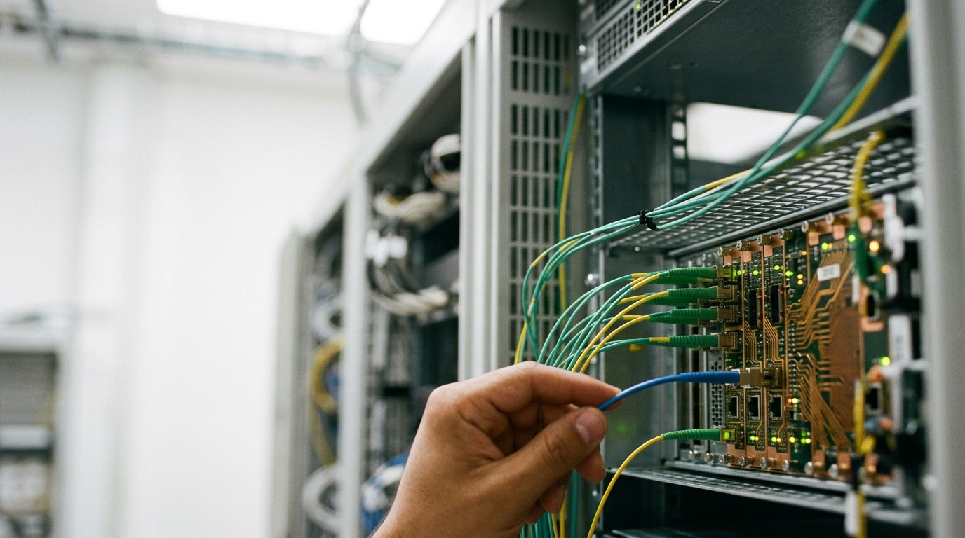 Server rooms gleaming circuit boards fiber optic cables. Illustration for the article "Automation Accountability in AI Systems".