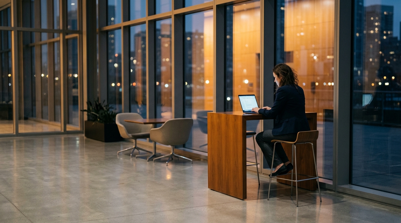Sleek corporate lobby dusk floor ceiling windows glowing. Illustration for the article "AI’s Impact on Business Strategies and SEO".