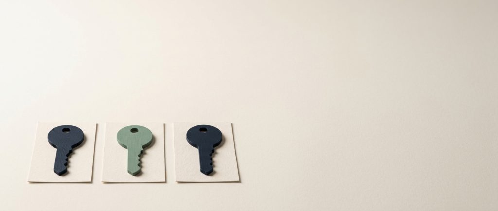 Three key shapes resting on individual cards, one sage, representing domains registered and held in your name.