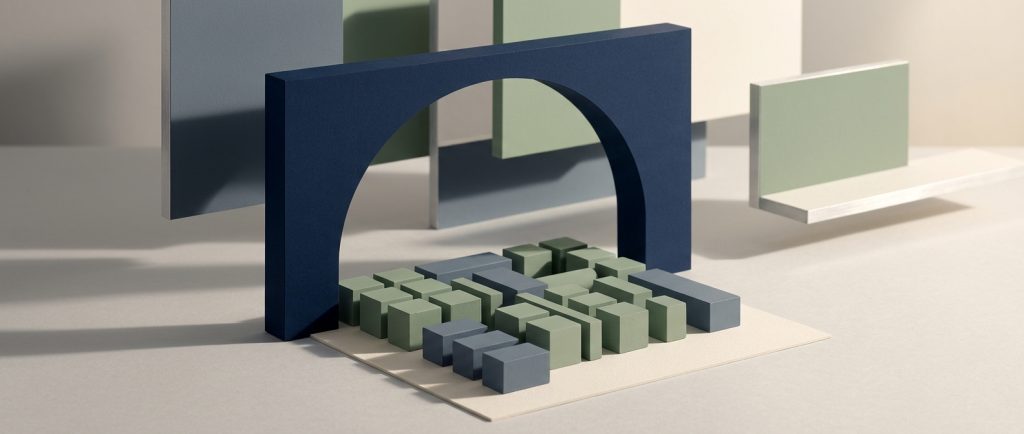 Hotel and hospitality digital management Navy and sage forms representing a front desk reduced to its essentials.