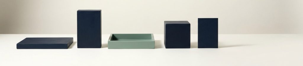 Five objects of different shapes on one shared base, one a sage tray, representing different industries run the same way.