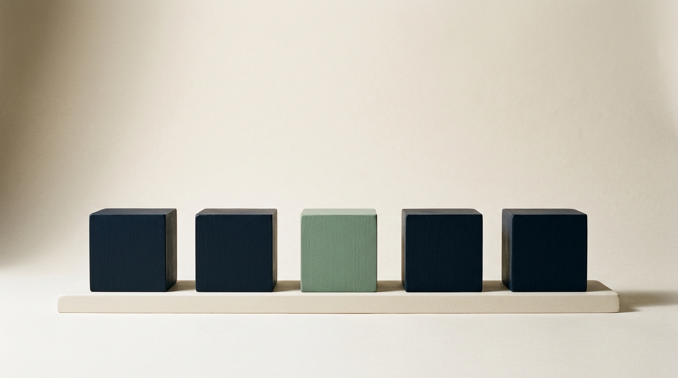 Managed website hosting and infrastructure Five equal navy blocks side by side on one long base with one in sage, representing a level foundation.