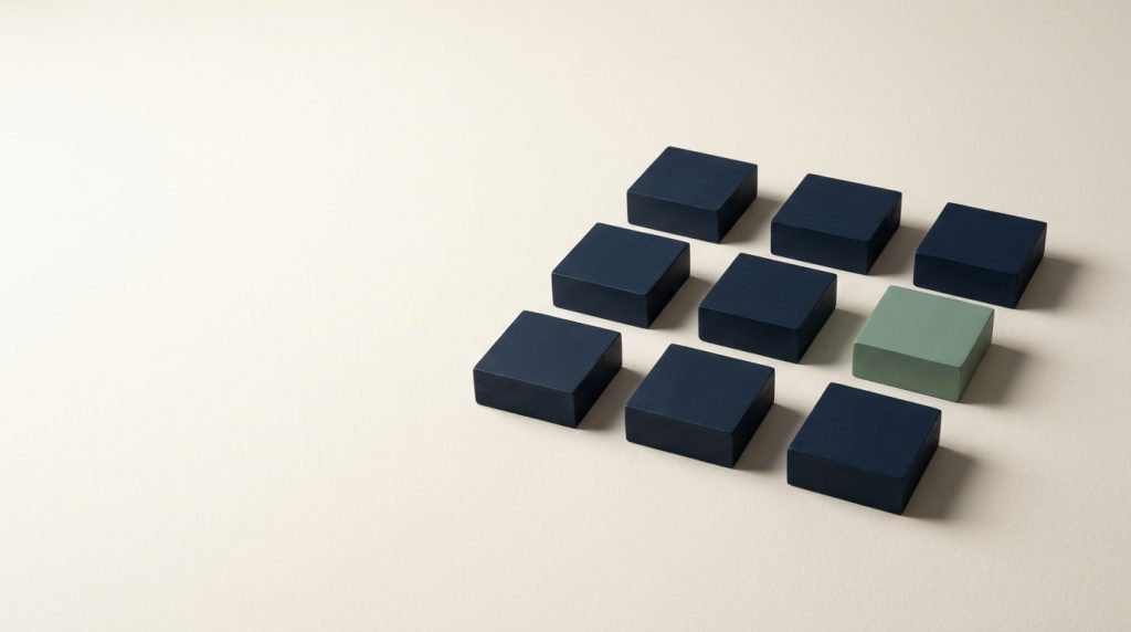 Nine identical blocks in an even grid with one in sage, representing many locations provisioned the same way.