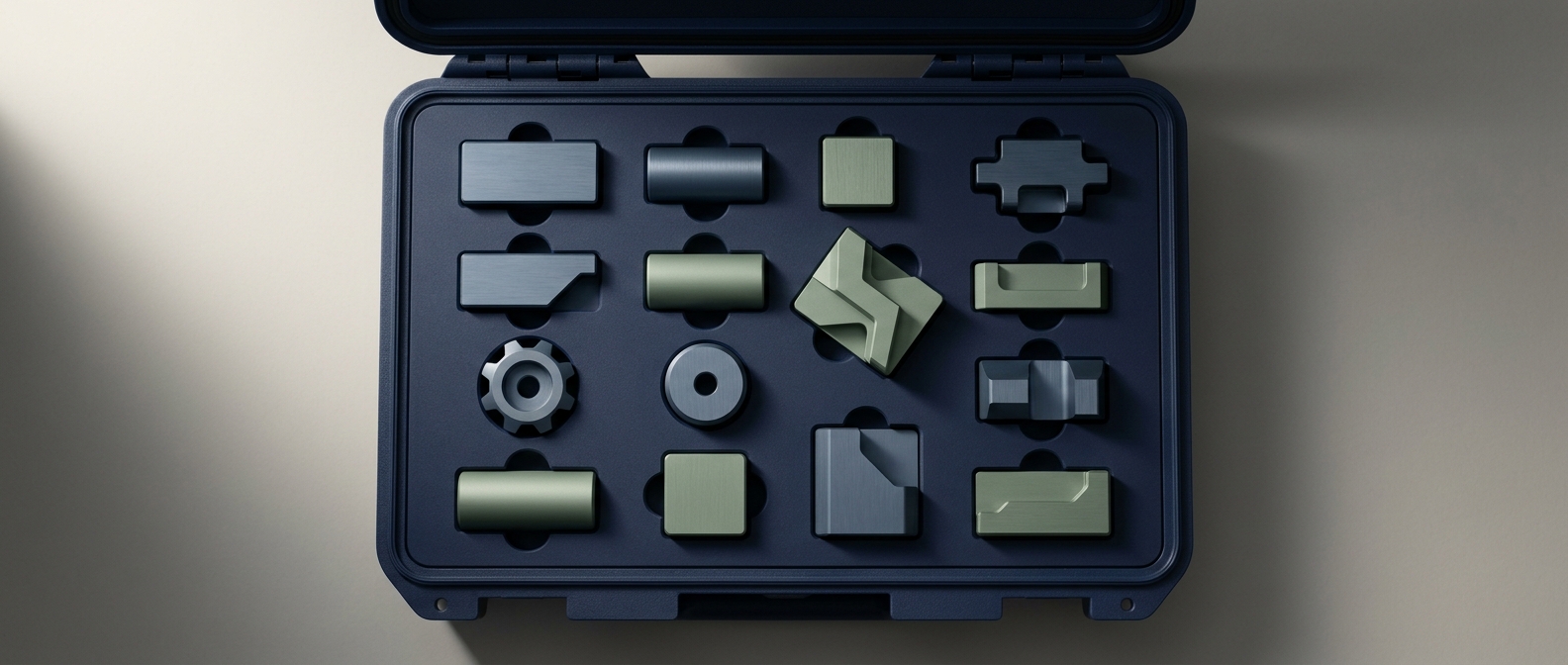 The tools we run for clients An open case with each tool fitted in its own slot, navy and sage.