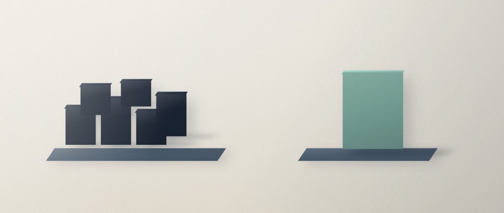 A crowded cluster of small navy blocks on one platform beside a single sage block alone on its own.