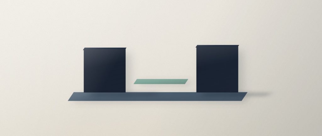 Two navy cards standing facing each other with a sage card lying between them, a question and the answer that came back.
