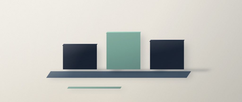 Three upright navy panels of different heights standing on one base, the tallest in sage.