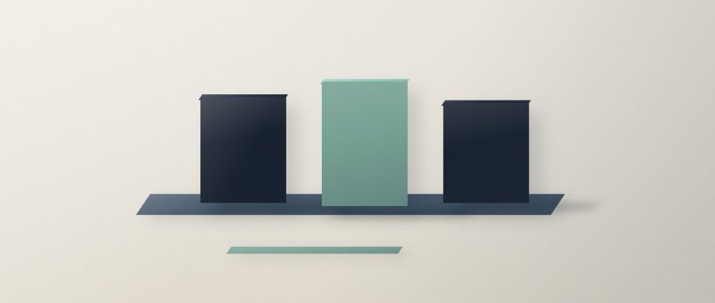 Three upright navy cards standing on a shallow tray, the middle one sage, with a sealed sage bar lying in front.