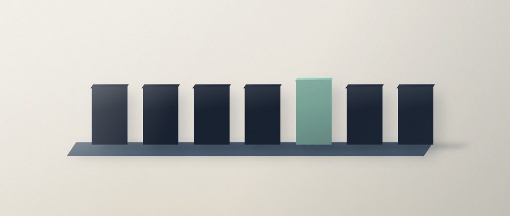 Seven identical navy blocks standing in an evenly spaced row with one in sage, a steady schedule rather than a burst.